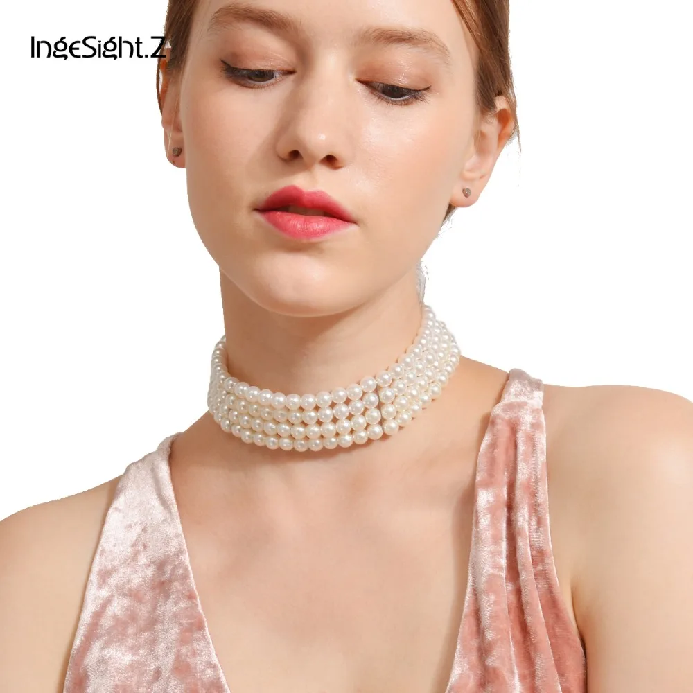 

IngeSight.Z Bohemian Multi Layered Simulated Pearl Choker Necklace Collar Statement Boho Clavicle Chain Necklace Women Jewelry