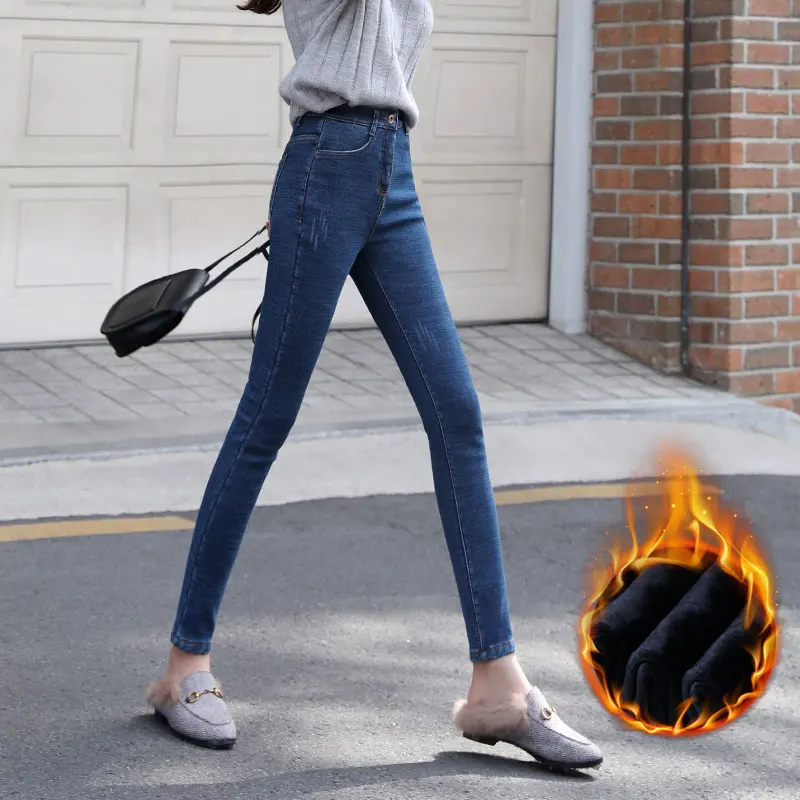 jeans woman mom high waist stretch women jean femme streetwear ripped for denim black blue fleece warm skinny | Женская одежда