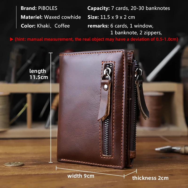 Genuine Leather Men's Wallet Handmade Card Holder Short Wallet With Zipper Coin Pocket Portable Fold Short Wallets