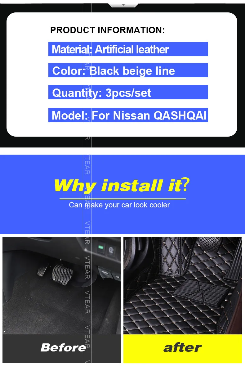 Vtear для ниссан кашкай j11 Nissan Qashqai J11 Dualis 2 коврики для автомобиля кожаный коврик для ног водонепроницаемый коврик коврики аксессуары для интерьера