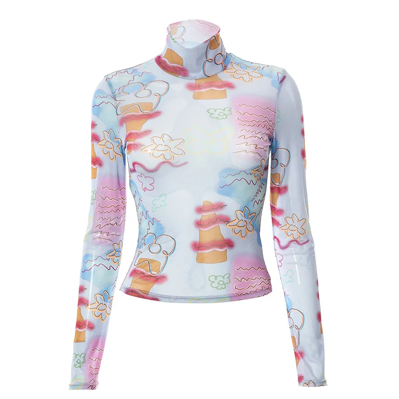 

Tie Dye Long Sleeve Mesh Sheer T Shirts Ladies Turtleneck Tops Casual Tees Women Sexy Y2k Clothes Vintage Tops Graphic Tee