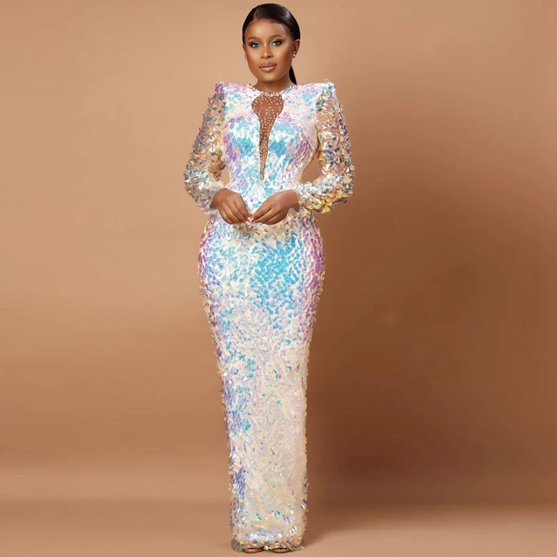 

Платье для выпускного вечера с круглым вырезом, женское платье с длинным рукавом, блестящие платья, длинное платье-русалка, вечерние платья ...