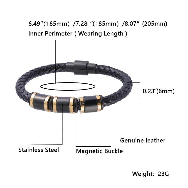 Trendy Men Leather Bracelet Genuine Cool Black Gold Creative Design Stainless Steel Magnetic Buckle Wristband BB1225 |