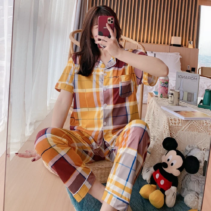 

New Pajamas For Women 2021 Summer Short Sleeve Loose Pyjamas Young Women's Cotton Lapel Sleepwear Set Girls Plaid Home Clothes