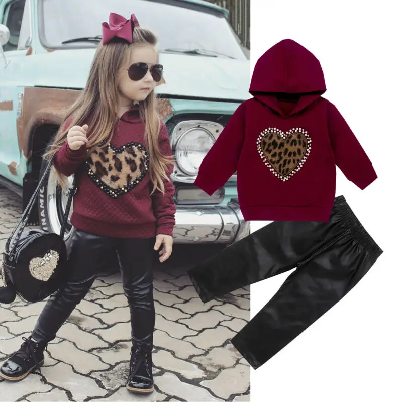 Toddler Kids Baby Girls Clothes NEW 2PCS Sets Tracksuit Love Heart Leopard Print Long Sleeve Hoodies Tops+PU Pants Outfits | Детская