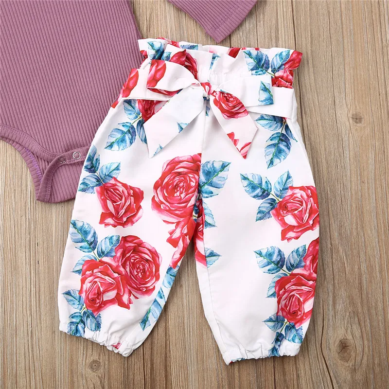 

Cute Newborn Baby Girls Ribbed Knitted Long Sleeve Ruffles Tops Romper Floral Printed Pants Outfits Baby Girls Clothes 3Pcs Set