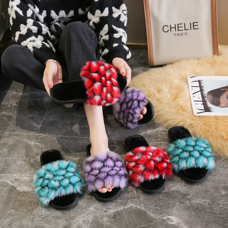 

House Slippers for Women 2021 Ladies Color Matching Faux Fox Fur Fluffy Slippers Women's Plush Faux Hair Indoor Slides Adult