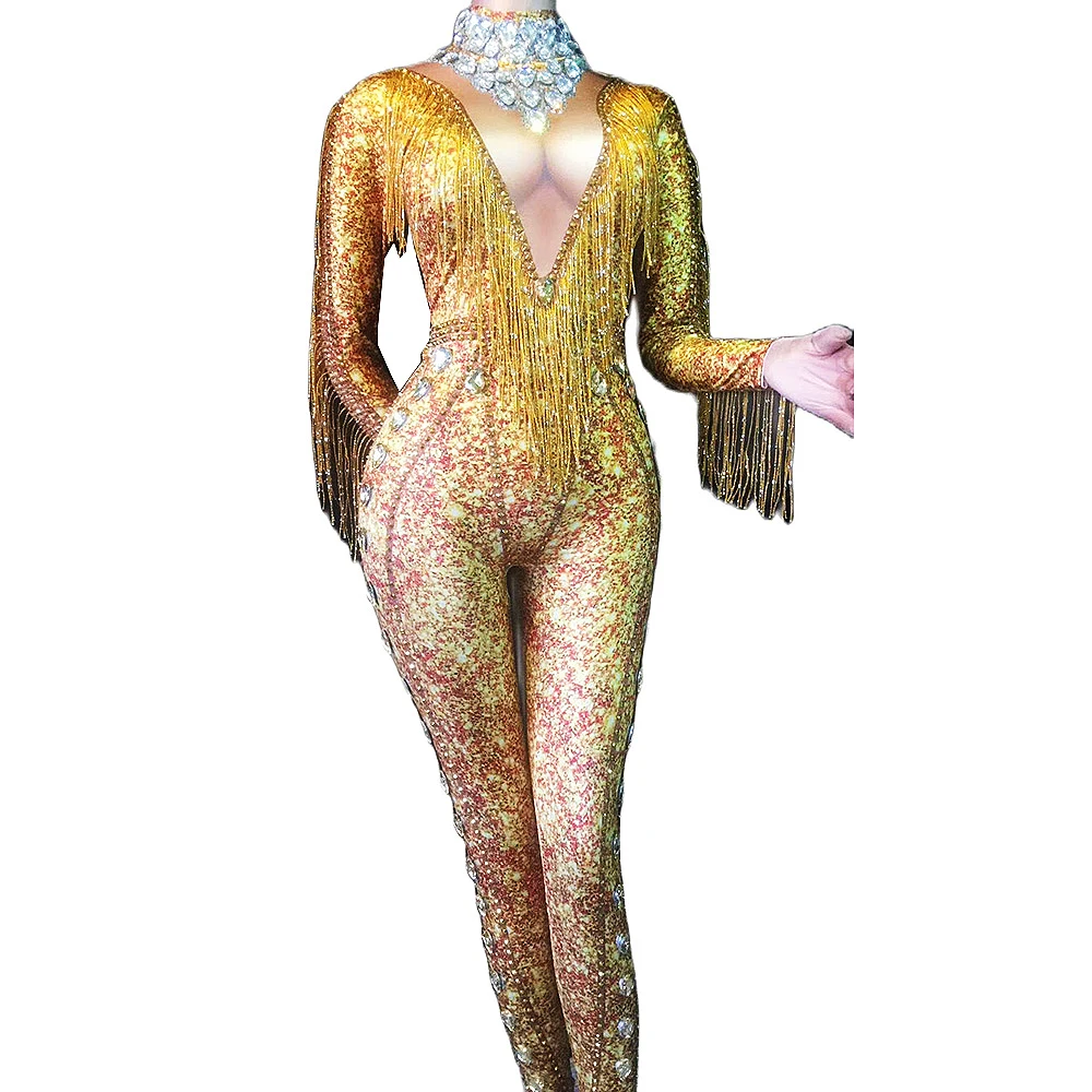 

Sparkling Rhinestones Gold Fringes Jumpsuits Nightclub Pole Dancing Costumes DS DJ Singer Show Performance Stage Wear