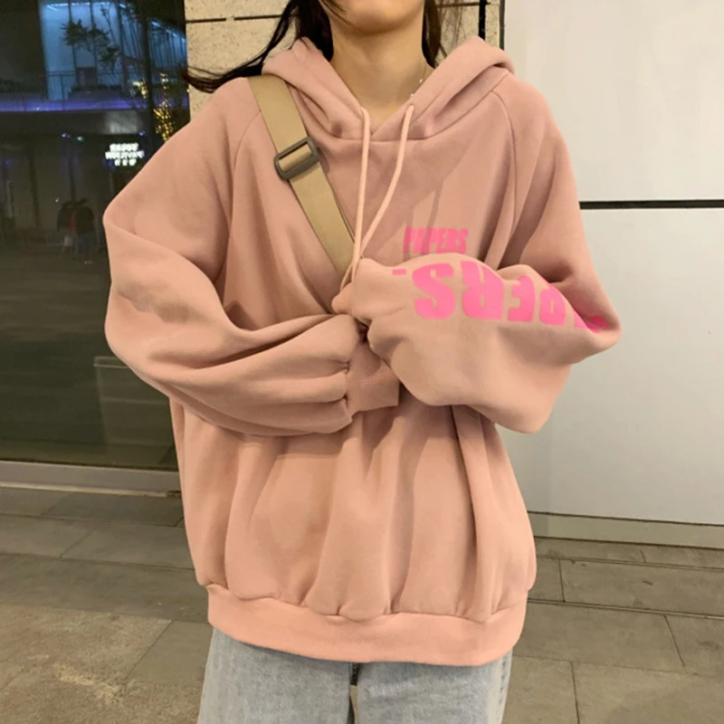 

Women's 2022 Autumn Winter Plus Velvet Hooded Sweater New Ins Brand Loose Korean Casual Letter Coat Jacket Sweatshirt Street Top