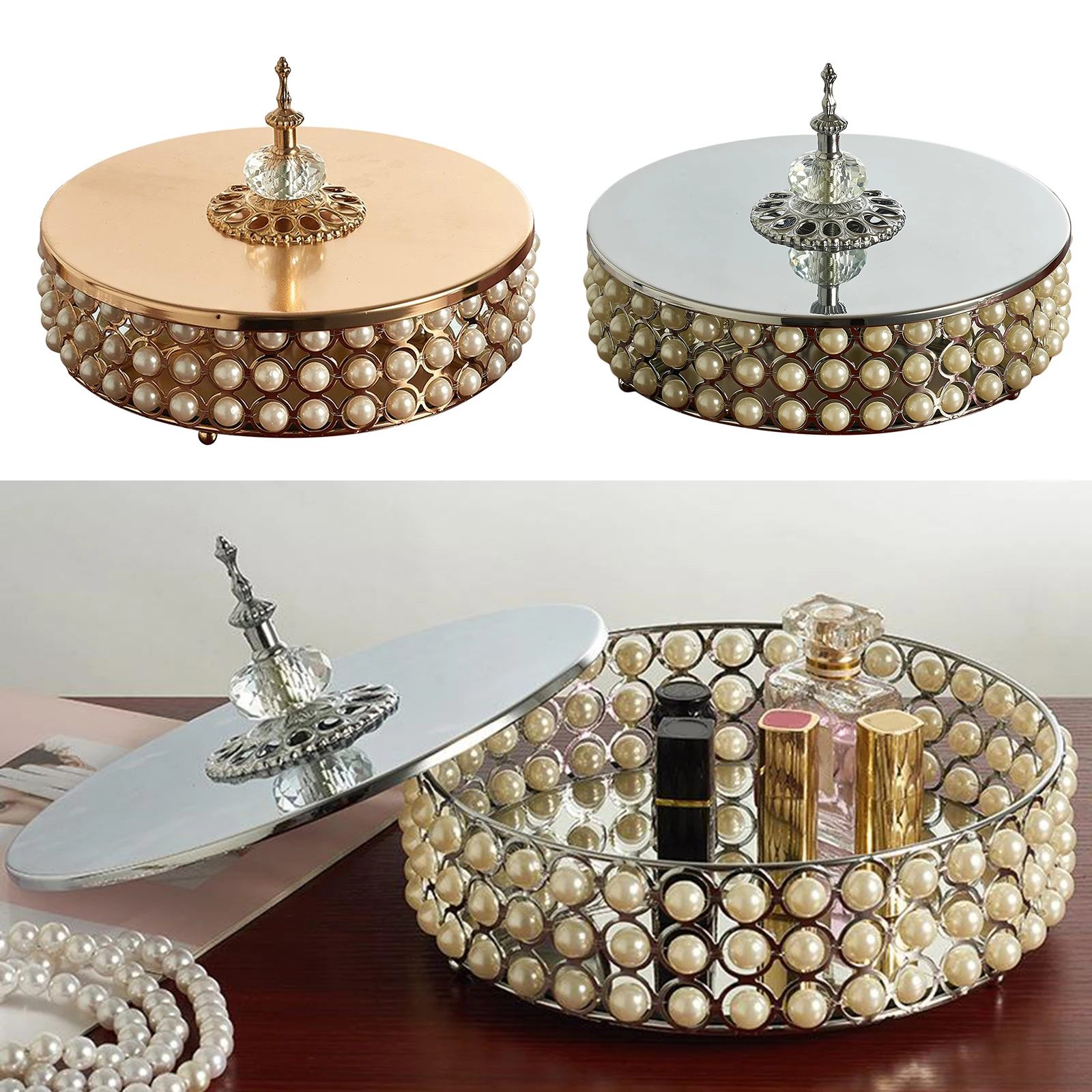 

Golden Silver Mirror Base Tray with White Faux Pearls Decor Sundries Trinket Holder Dresser Coffee Table Desktop Organizer