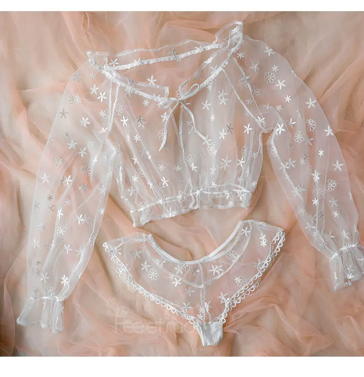 Sexy female sexy open file bare chest rim flower perspective bra set+ embroidery perspective split suit