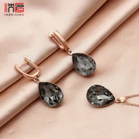 shenjiang new luxury colorful large water drop crystal jewelry sets for women wedding elegant dangle earrings pendant necklace