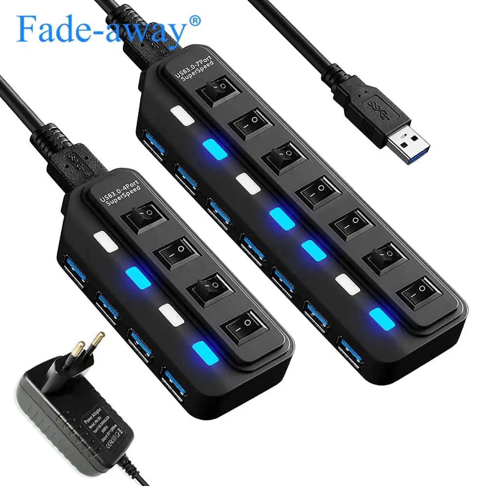

USB HUB 3.0 4 7 Ports with Power Switch LED Multiple USB Splitter US/EU/AU/UK Power Adapter for Laptop PC Computer Accessories