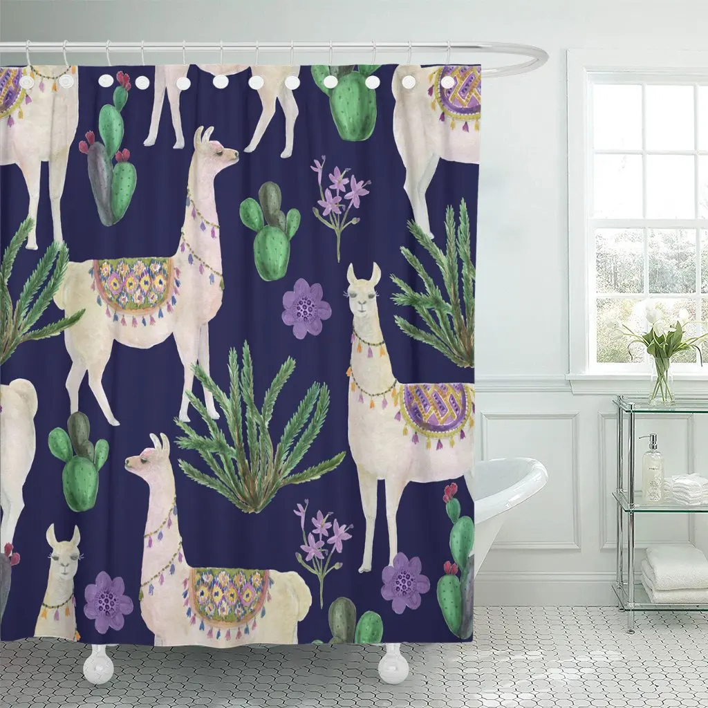 Pet Watercolor Painting Llamas and Cacti Flowers Alpaca America Shower Curtain Waterproof Polyester Fabric 60 x 72 inches Set wi | Дом и сад