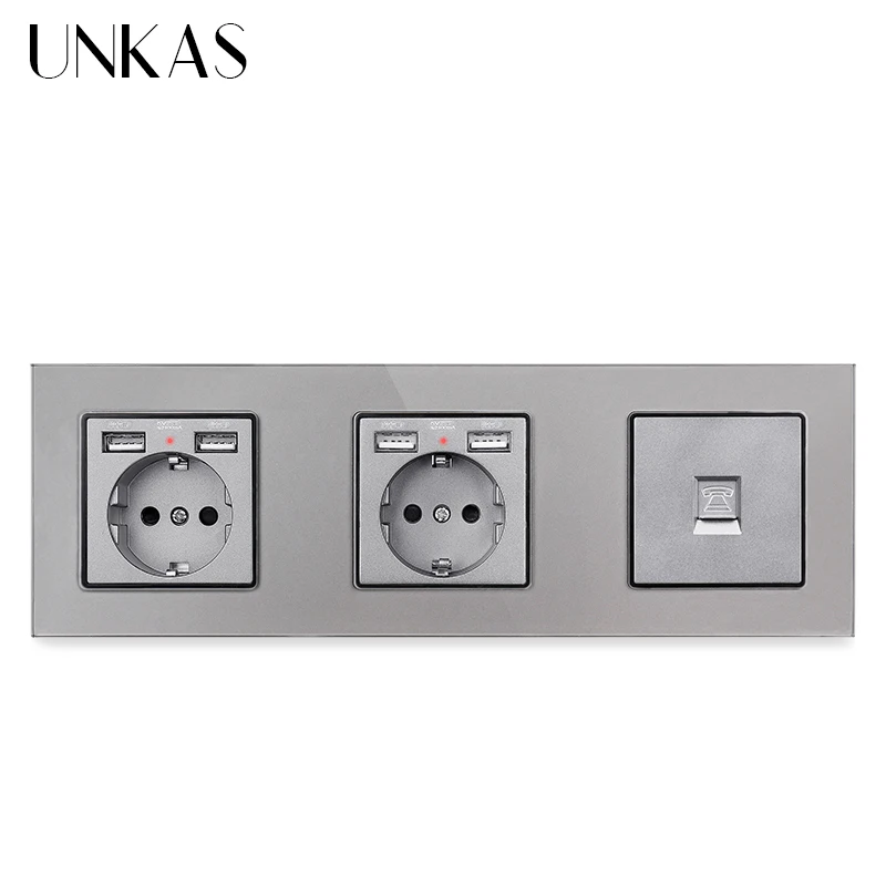 

UNKAS Glass Panel Dual EU Standard Socket with 4 USB 16A Charging Port + RJ11 Telephone Jack Wall Power Outlet 258mm * 86mm