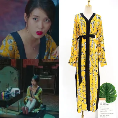 Женское желтое Цветочное платье милое кружевное для отеля IU Lee Ji Eun на осень и