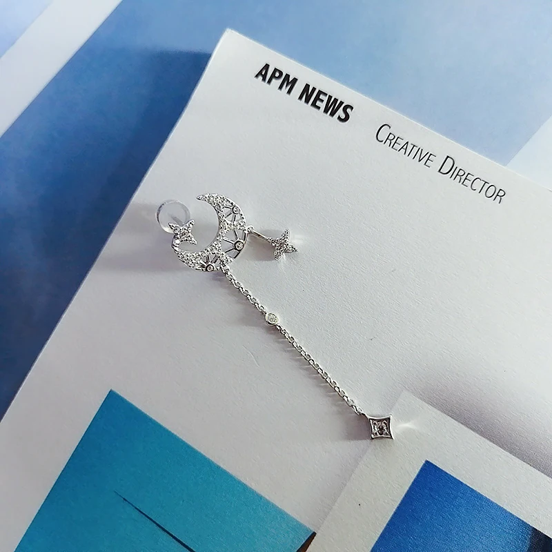 

Star Moon tassel long earrings single 925 Sterling Silver micro inlaid zircon exquisite fashion elegant high-end women's model