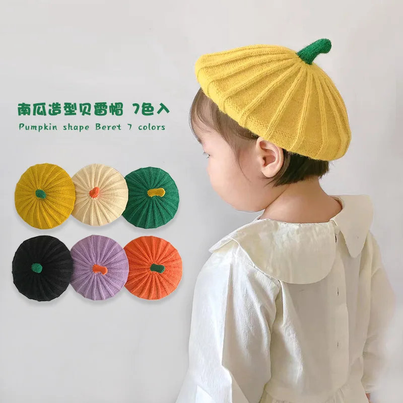 

Multicolor Baby Knitted Pumpkin Beret Hat Solid Color Contrast Children's Warm Hats Autumn Winter Cap For Girls Baby Accessories