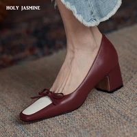 2021 new spring square heels pumps women wedding office square toe pumps genuine leather concise vintage shoes woman heels women