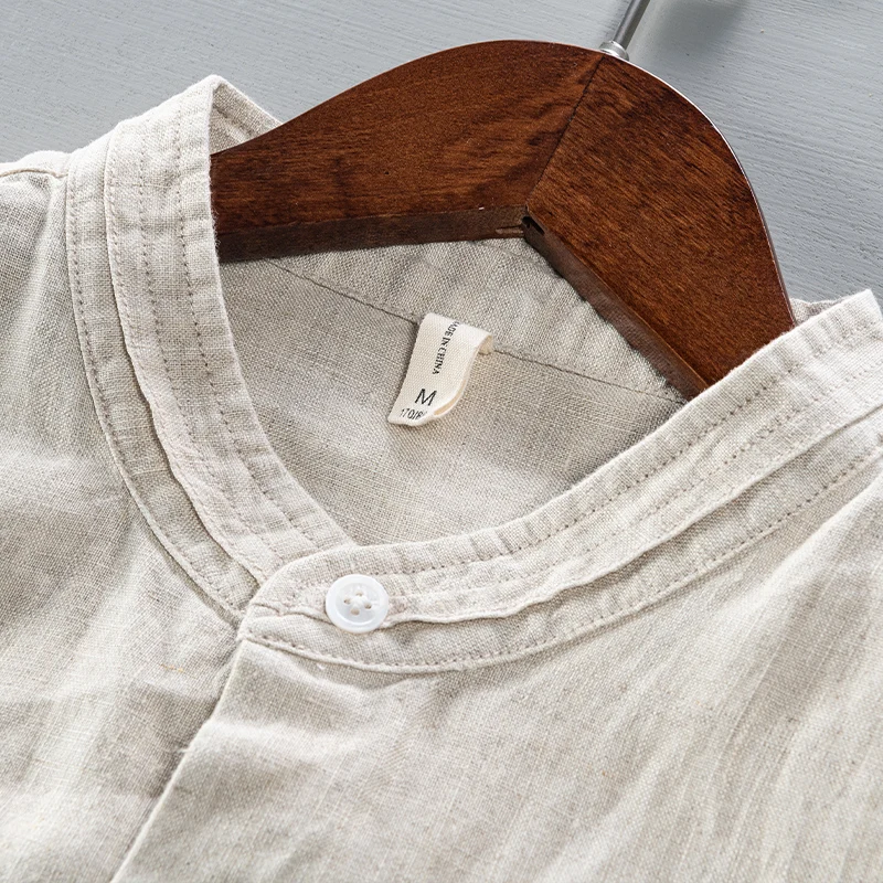 100% Linen three-quarter sleeve stand collr white shirt men casual brand shirts trendy breathable summer tops mens chemise