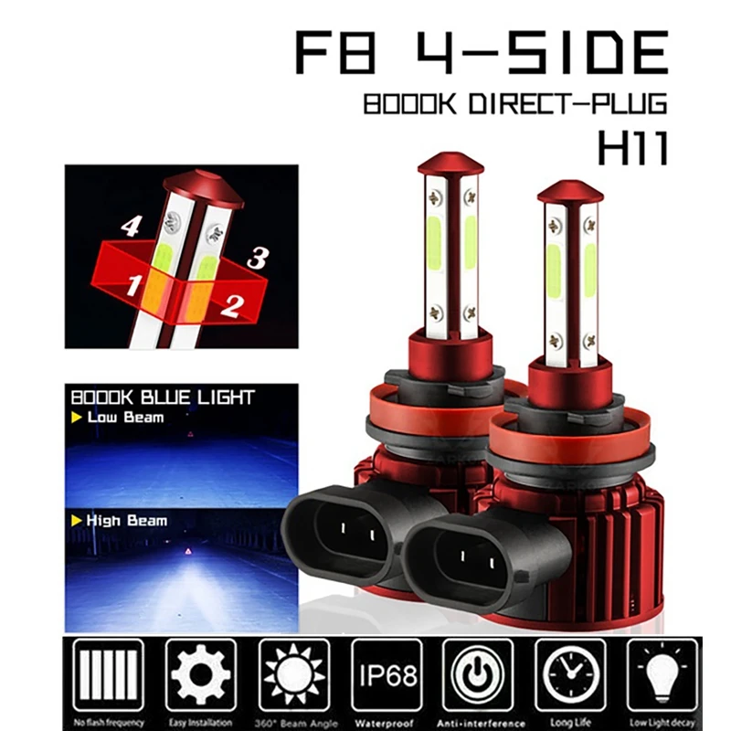 

DHBH-4-Sides H8 H9 H11 LED Combo Head Light High/Low Beam Bulb Super Bright Ice Blue 8000K