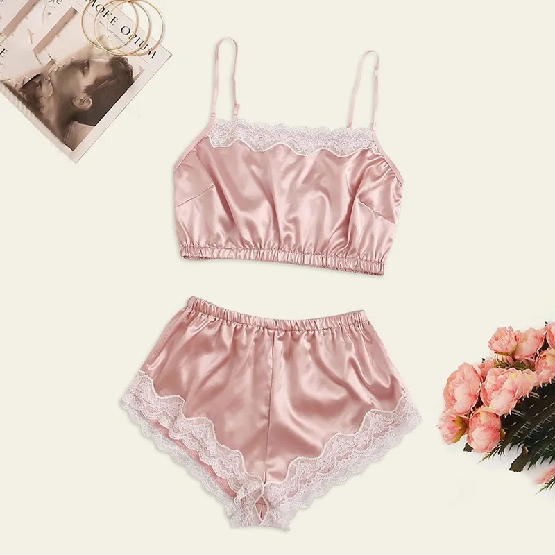 

Sexy pink Pajamas For Women New Sexy Lace Lingerie Silk Underwear Sleepwear Underwear Satin cute Pajamas