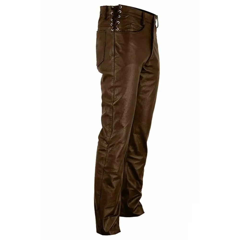 

European Solid Color PU Strap Casual Adult Men Leather Pants Windproof and waterproof Straight Leg Motorcycle Leather Pants