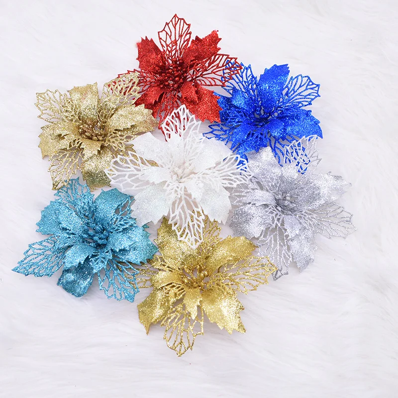 

5pcs 16cm Glitter Flower Artificial Flower Head Wreath Home Ornament DIY Colorful Handmade Garlands for Christmas Wedding Decor