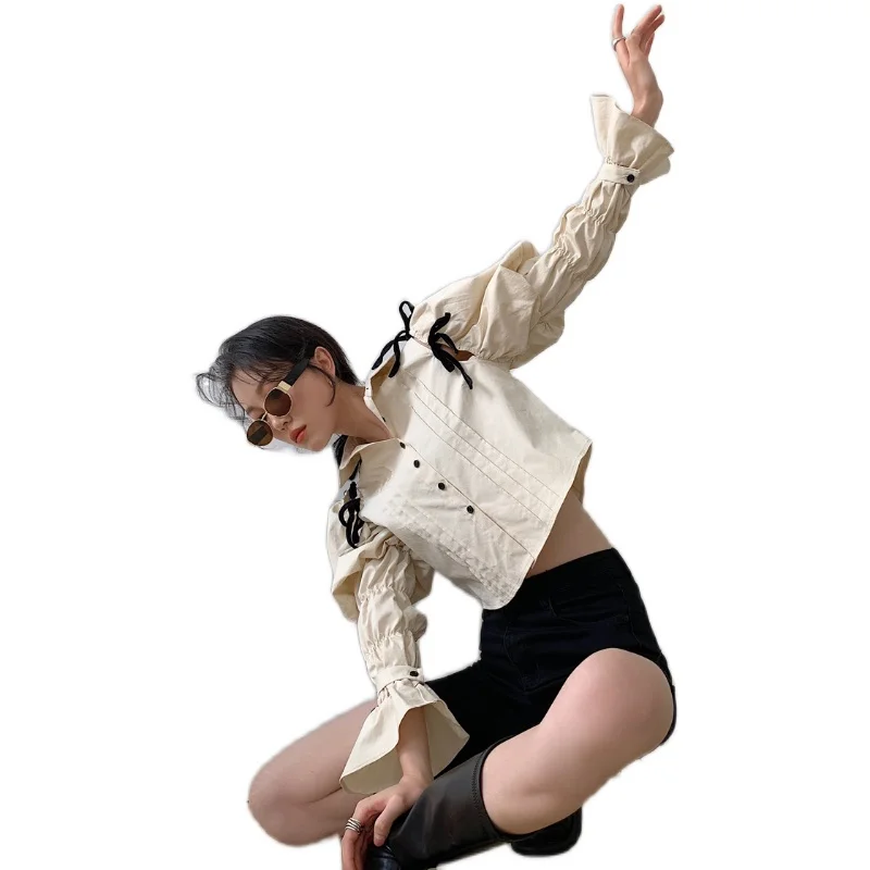 

Kimotimo Vintage Woman Shirts Spring Korean Fashion Puff Long Sleeve Palace Wind Button Up Shirt Bow Lace Up Short Tops Designer