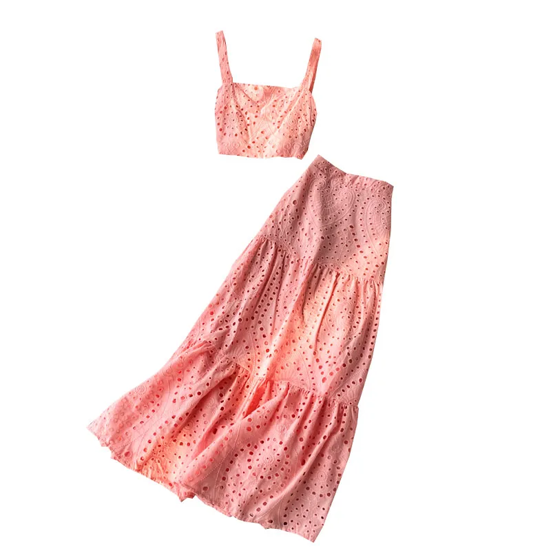 

Holiday Beach Style 2 Pieces Lace Women Skirts Suits Autumn New Camisoles And Maxi A-Line Female Clothing Sets Top Quality