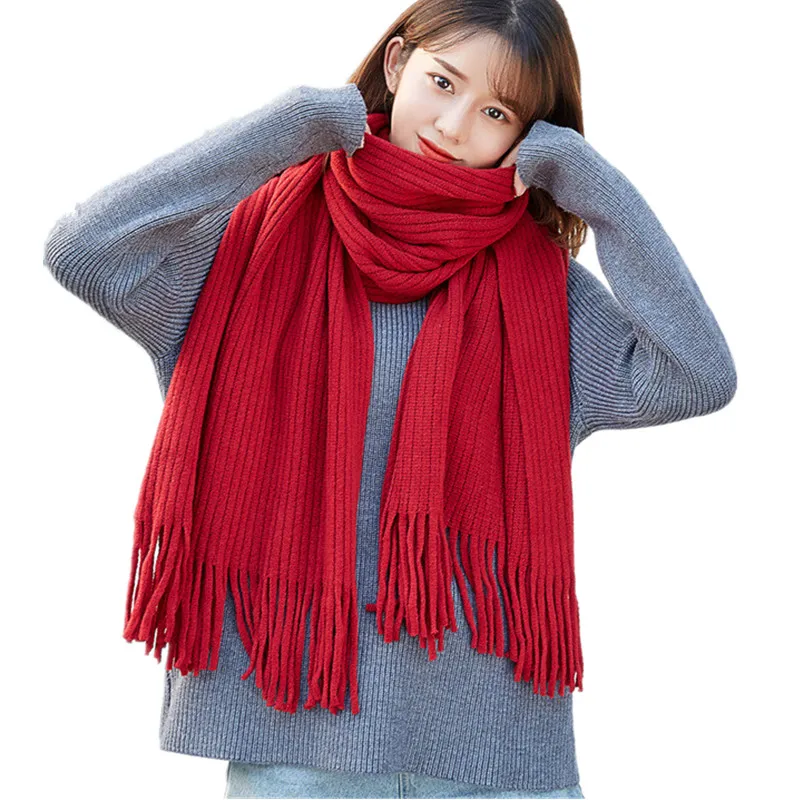 

Women Khaki Scarves Gray Black Red Winter Thick Warm Knitted Tassel Scarfs