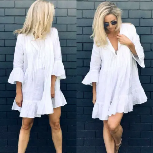 

Newest Summer Women Beach Cover Ups Swimwear Bikini Bathing Suit Female Beach Casual Loose Blouse Shirt Short Mini Dress