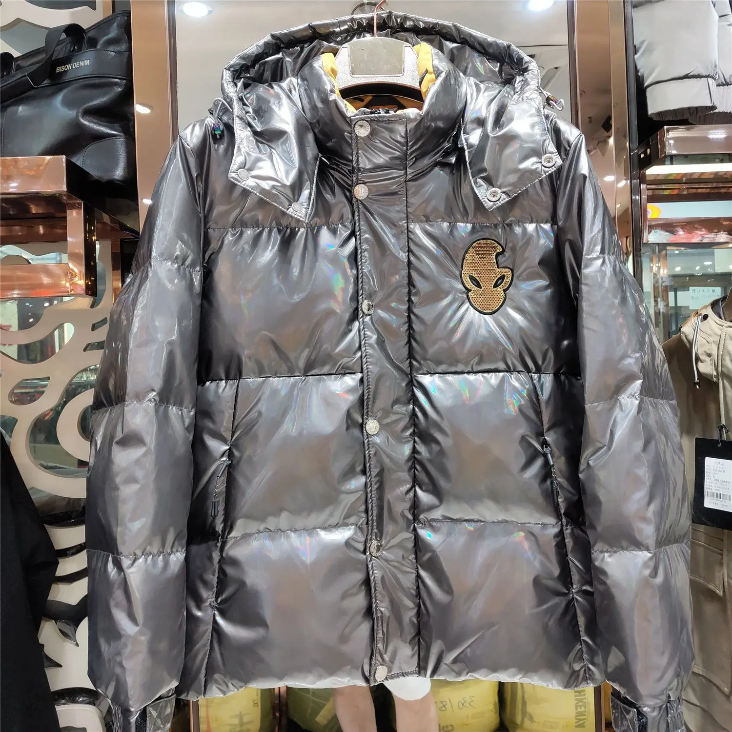 

2021 Winter Personality Glossy down Jacket Men's Hooded Casual Coat White Duck down Eiderdown Outerwear