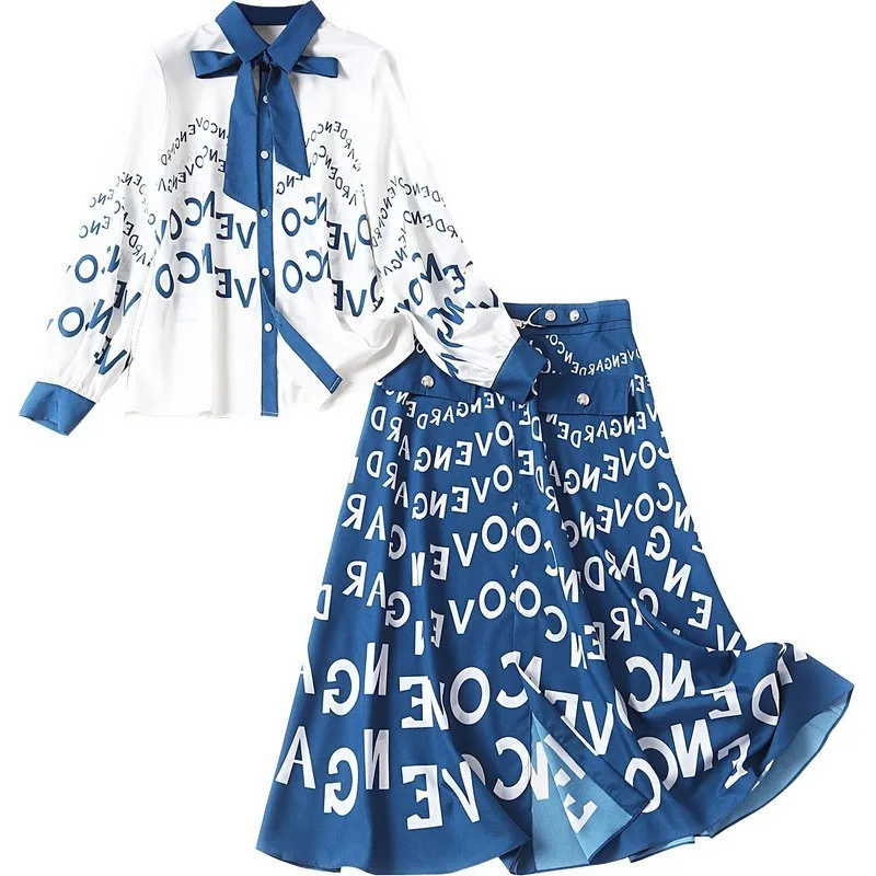 

Elegant Letter Pattern Midi Skirt Suit Women's Bow Collar Long Sleeve Chiffon Shirts Top + Split Skirt Set Office 2 Pieces Set