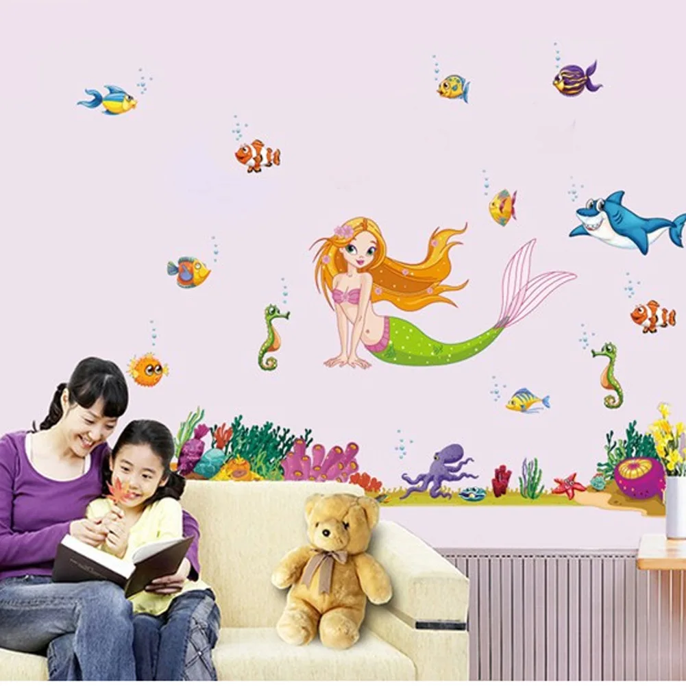 

3D Mermaid Princess Wall Papers Stickers for Girls PVC Cartoon Girl Room Decoration Poster Mural Decals Diy Toys for Girls Girl