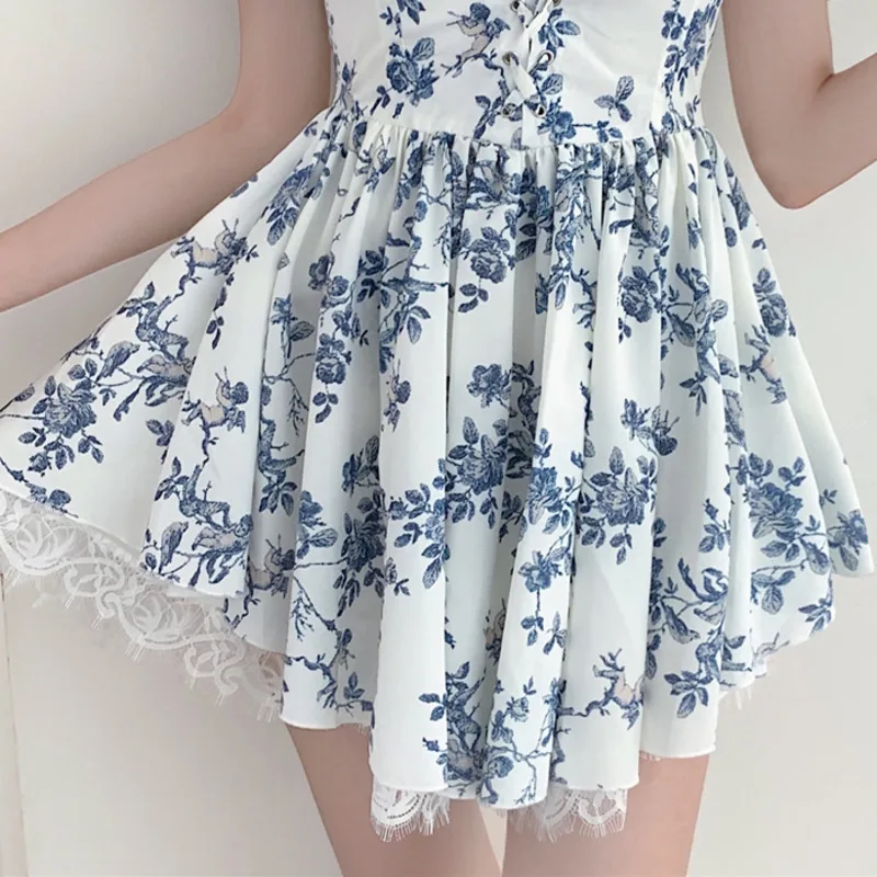 

Vintage Floral Print Bohemian Ruffle Dresses For Women Casual Drawstring Lace-up Square Neck Off Shoulder Robe Vestido De Mujer