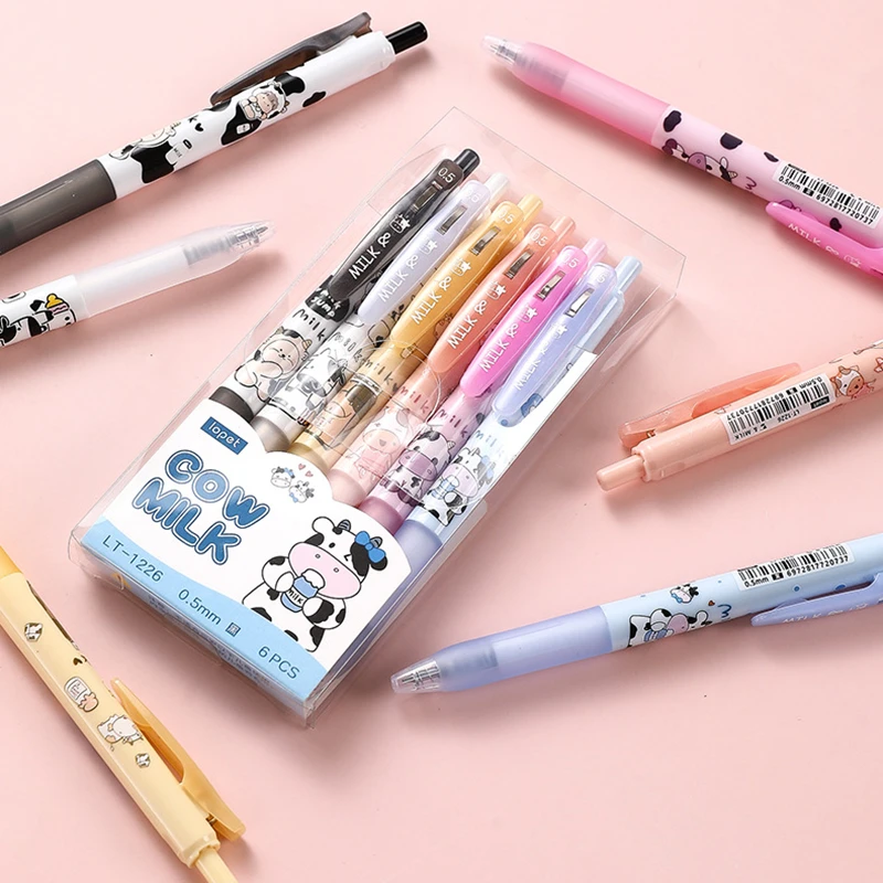 

6pcs/set Cute Cow Milk Gel Pen Set Cartoon Click Type 0.5mm Roller Ball Black ink for Writing Office School Supplies E6120