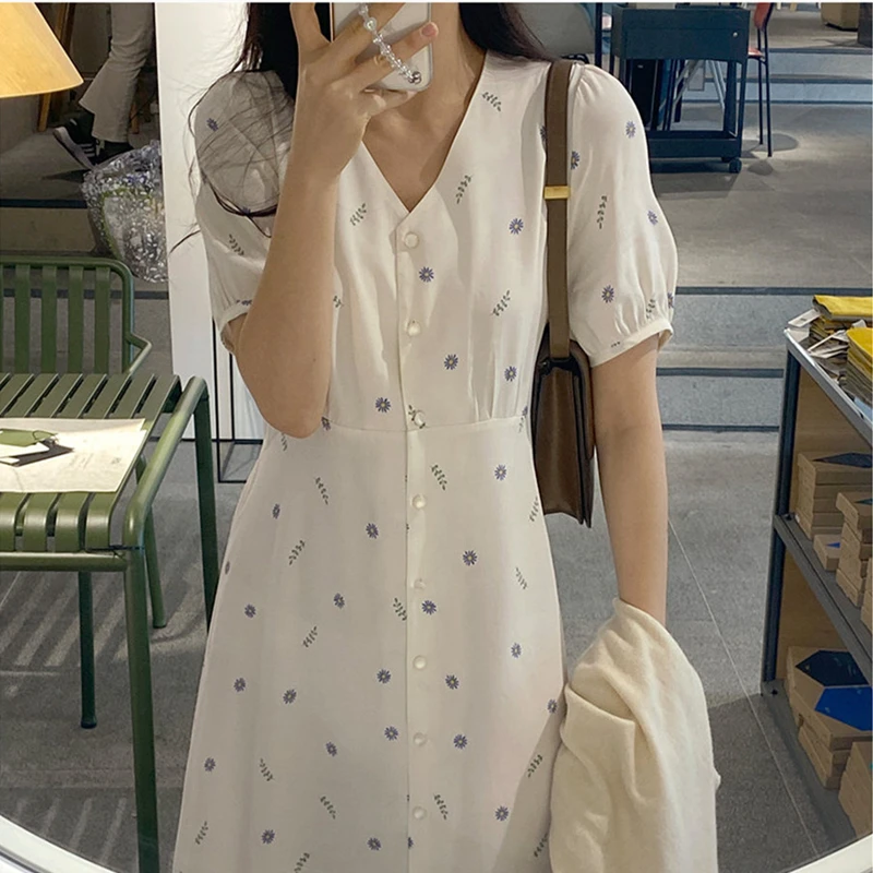 

2021 New Summer Women Dresses High Waist V-Neck Lace Up Single Breasted Elegant Floral Printed Vintage Lady Long Dress