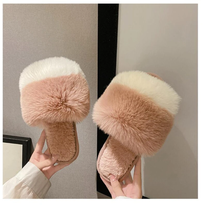 

Women Home Cotton Slippers Winter Warm Furry Flip Flops Exquisite and Cute Pink Fur Slides Girl Saucy Indoor Platform Slides