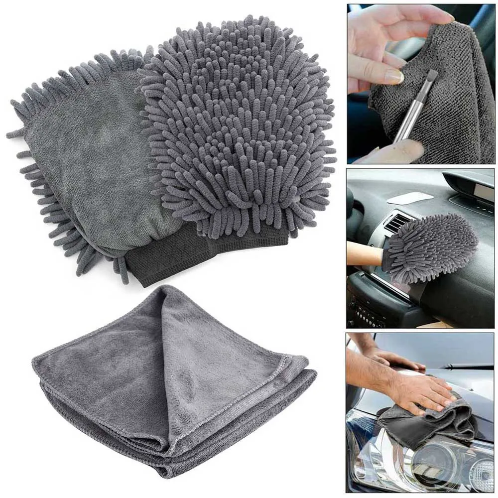

2x Double-sided Chenille Car Wash Washing Cleaning Glove + 2x Microfiber Towel For Motorcycle Household Cleaning Kit