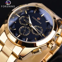 forsining golden men mechanical watches 3 dial design automatic calendar elegant gentleman business full steel wrist watch clock