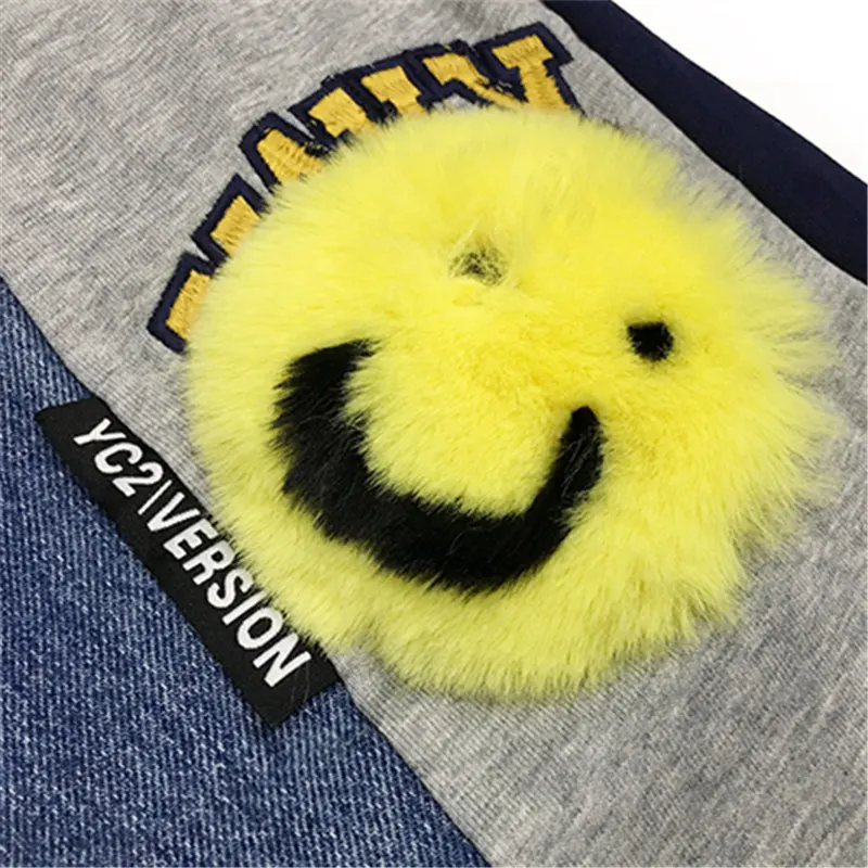 High waist Straight Pants Women Embroidered Plush smiley patch Fashion Denim Spliced Sweatpants Casual Joggers Long Trousers