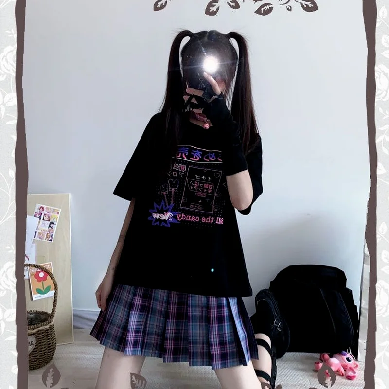 

2021 Summer Harajuku Gothic Letter Print Top Fun Short-Sleeve Casual Feminino T-Shirt Hip Hop Ulzzang Streetwear Women Clothing