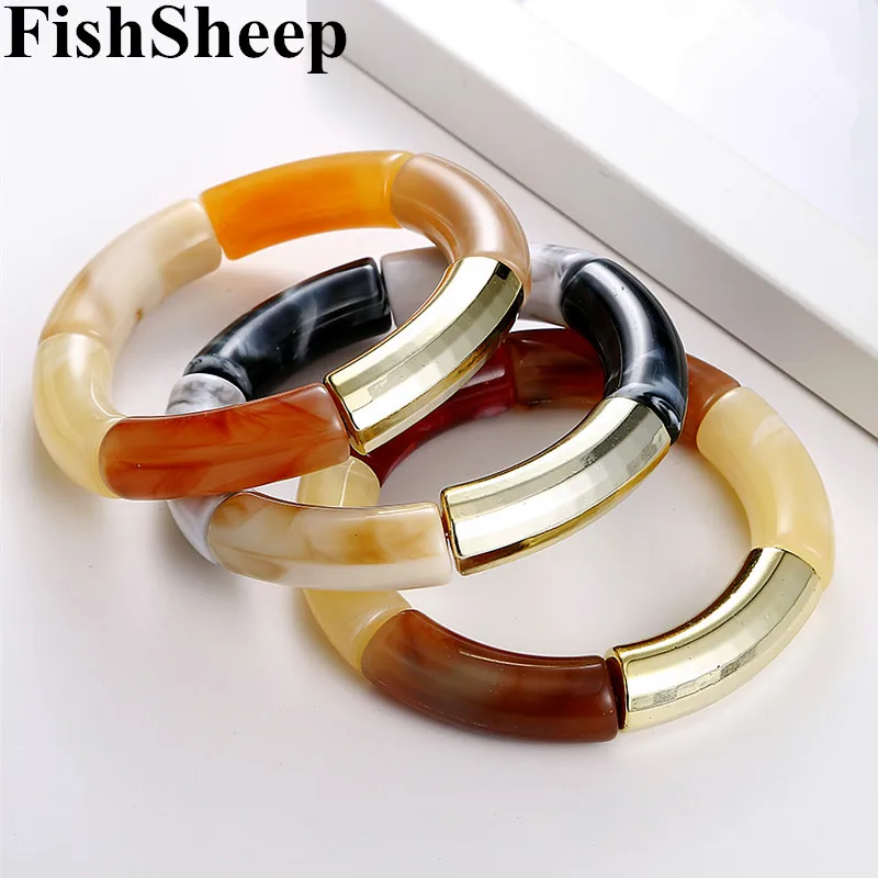 

FishSheep New Gold Color Acrylic Bracelets & Bangles For Women Resin Stretch Curved Beaded Tube Charm Bracelet Fashion Jewelry