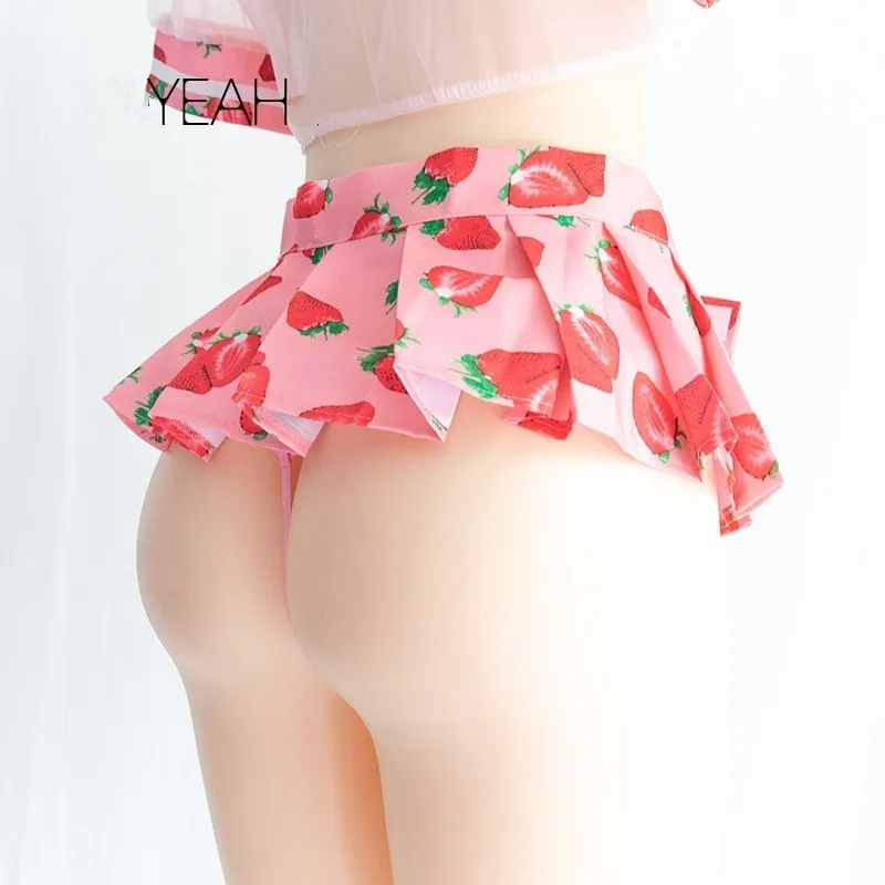 

Sexy Student Sailor with Blue and Pink color uniform Kwaii Strawberry Print transparent Lolita Bra Panty Underwear Sleepwear