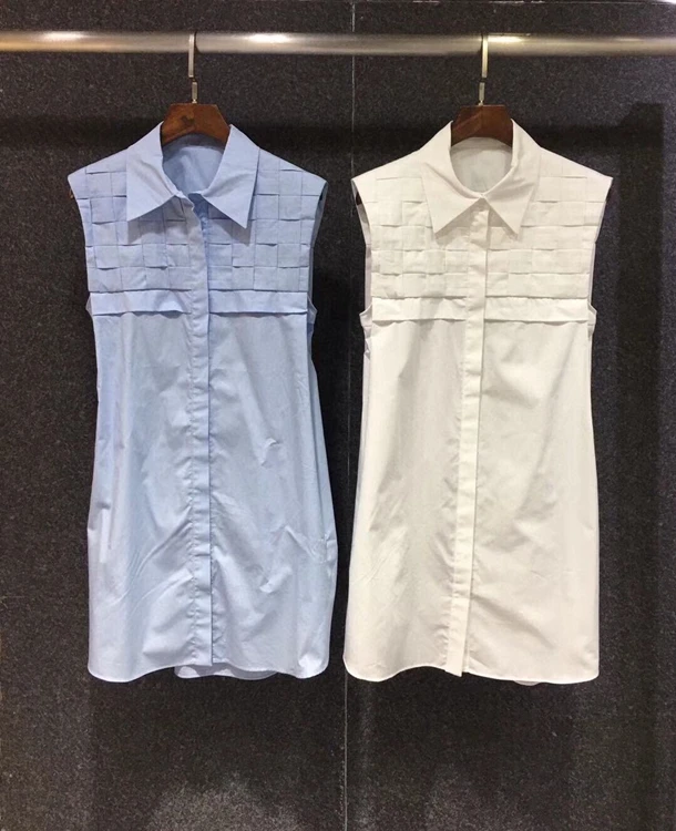 

2021 new women fashion lapel plaid stitching decoration solid color sleeveless dress 430