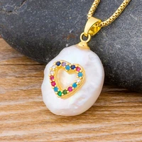 aibef fashion new natural coin pearl bead necklace heart rainbow rhinestone gold chain cz pendant necklace charm women jewelry