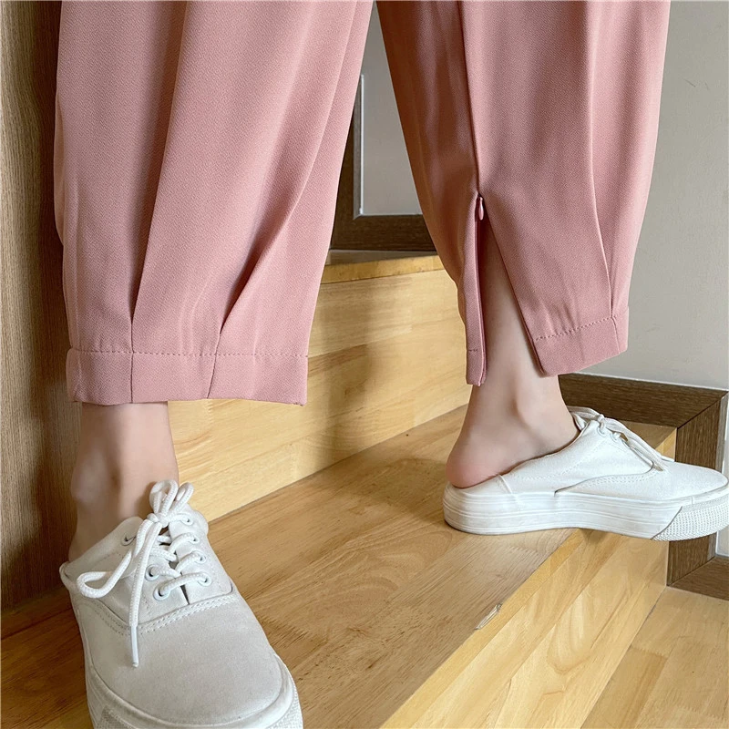 

Korean High Waist Thin Elastic Waist Loose Casual Women Suit Pants Office Ladies Leg Opening Zipper Ankle Length Trouser
