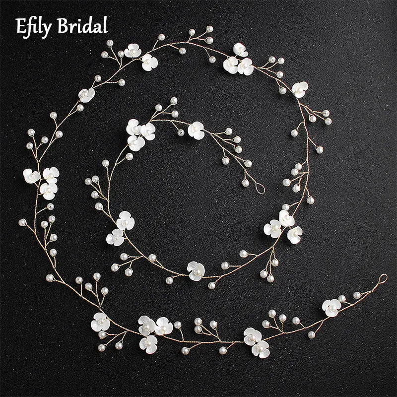

Efily Flower Headband for Women Handmade Long Hair Vine Wedding Hair Accessories Bridal Headwear Pearl Headpiece Bridesmaid Gift