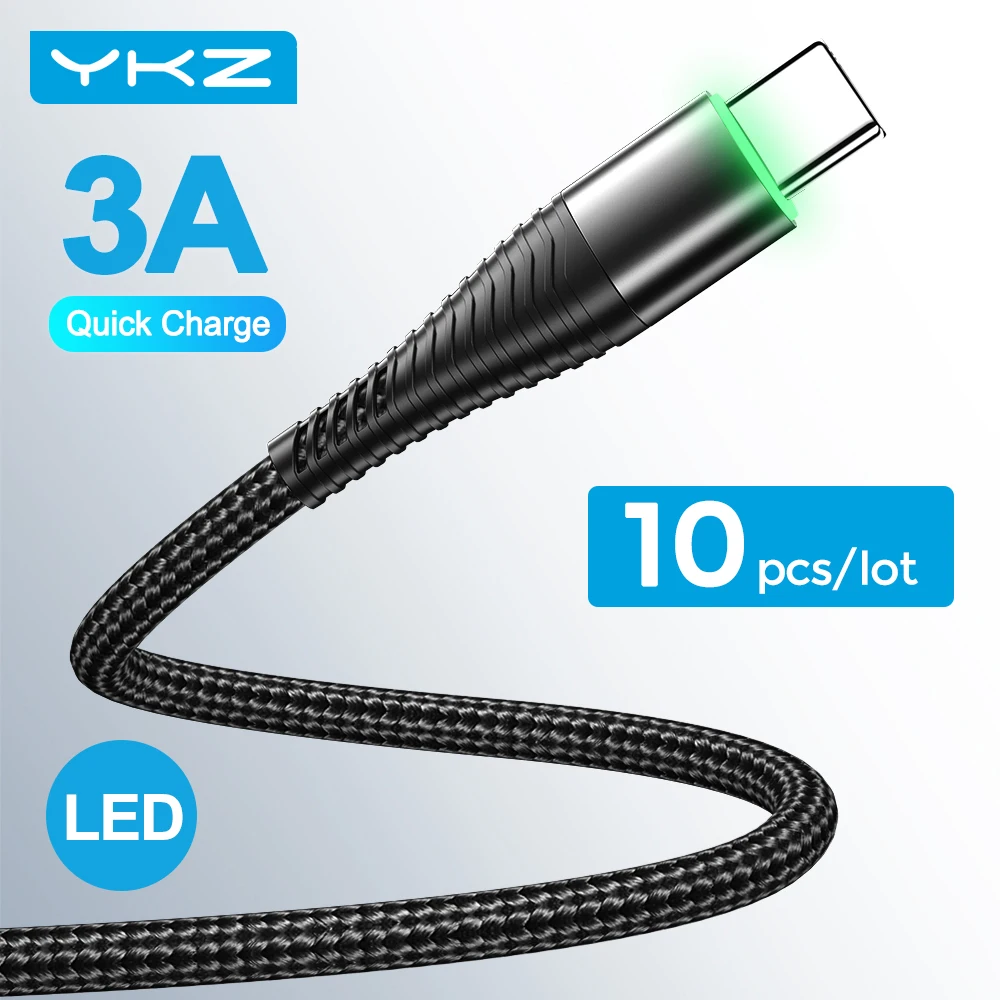 10 шт./лот YKZ LED 3A USB Type C кабель для быстрой зарядки Samsung Xiaomi Мобильный телефон